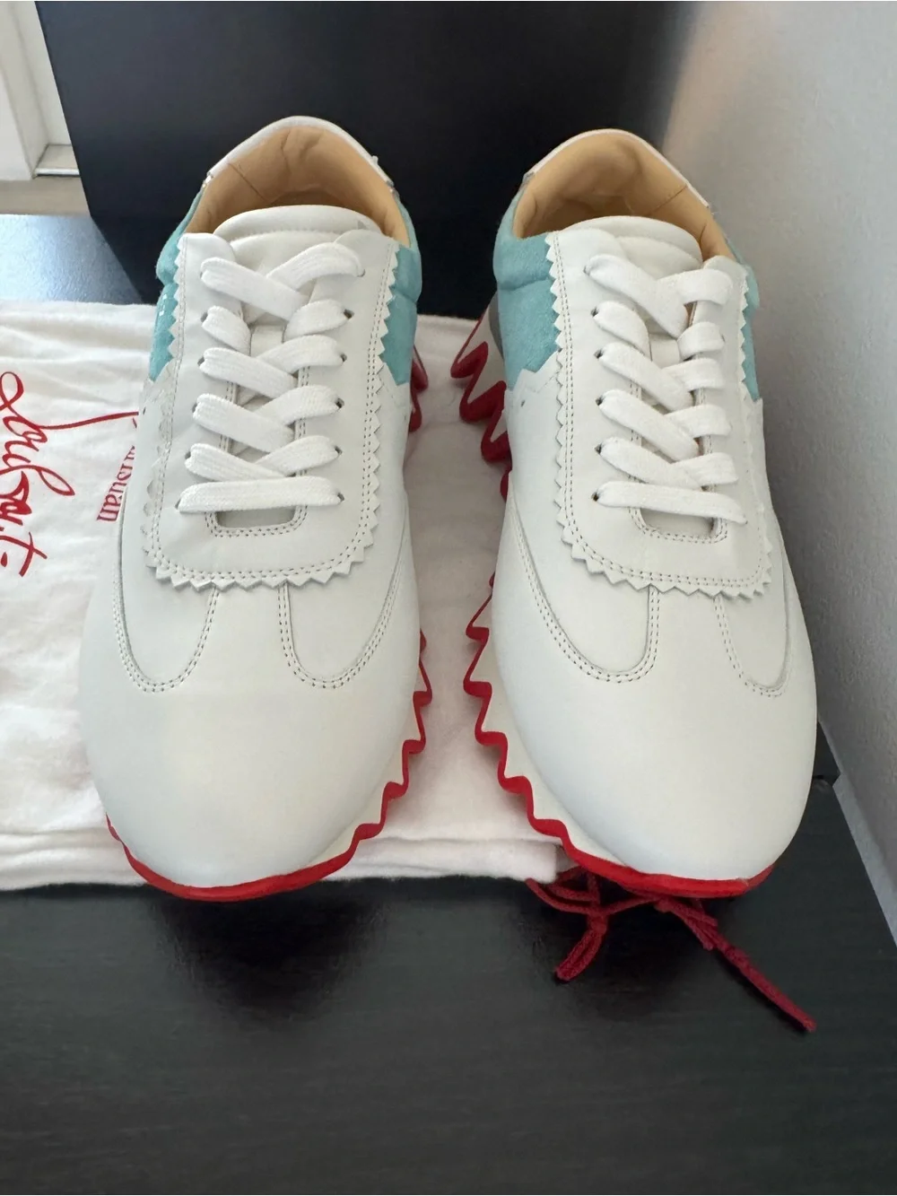 Christian Louboutin Men’s Loubishark CL Paris Sneakers White Turquoise Red (42)